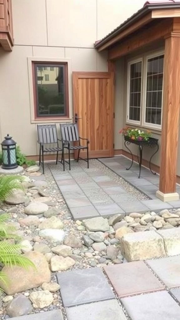 A cozy patio area featuring river rock infill, pavers, and a seating arrangement with potted plants.