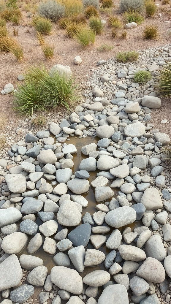 A dry river bed made of smooth river rocks surrounded by grasses in a landscape setting.