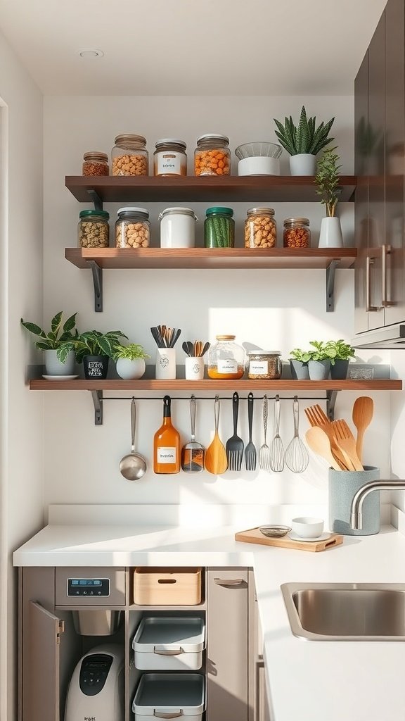 A small kitchen with floating shelves displaying jars of ingredients and plants.