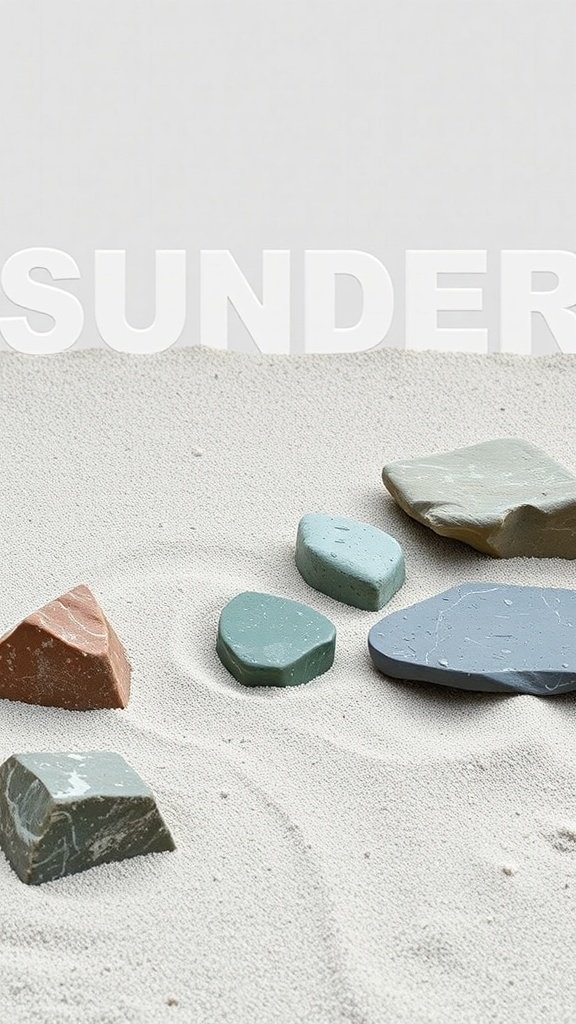 A serene Zen garden featuring various river rocks arranged in soft sand.