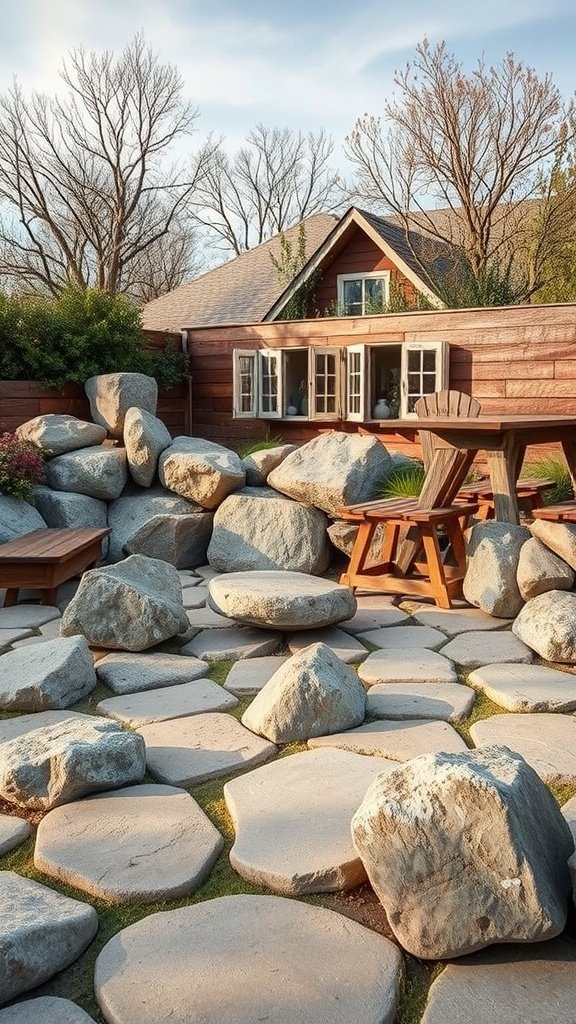 A river rock seating area featuring large stones, a stone pathway, and wooden furniture surrounded by greenery.