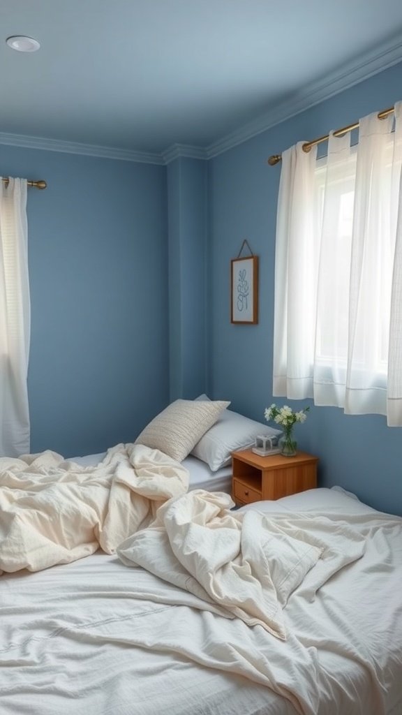A cozy bedroom with calming blue walls, soft white bedding, and natural light.