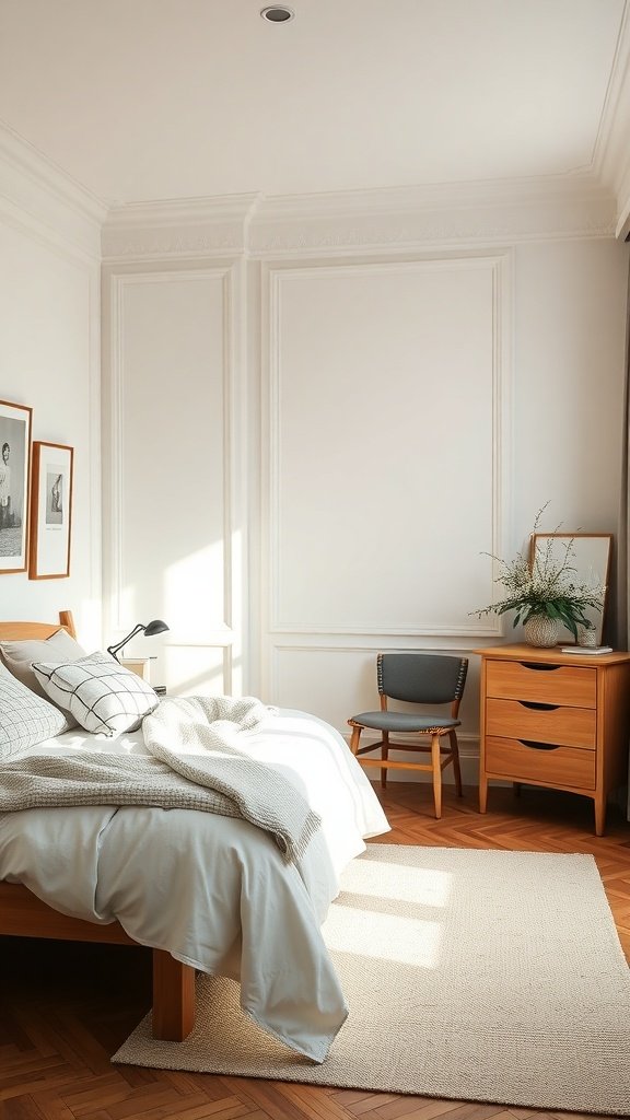 A serene bedroom with creamy white walls, wooden furniture, and soft textiles.