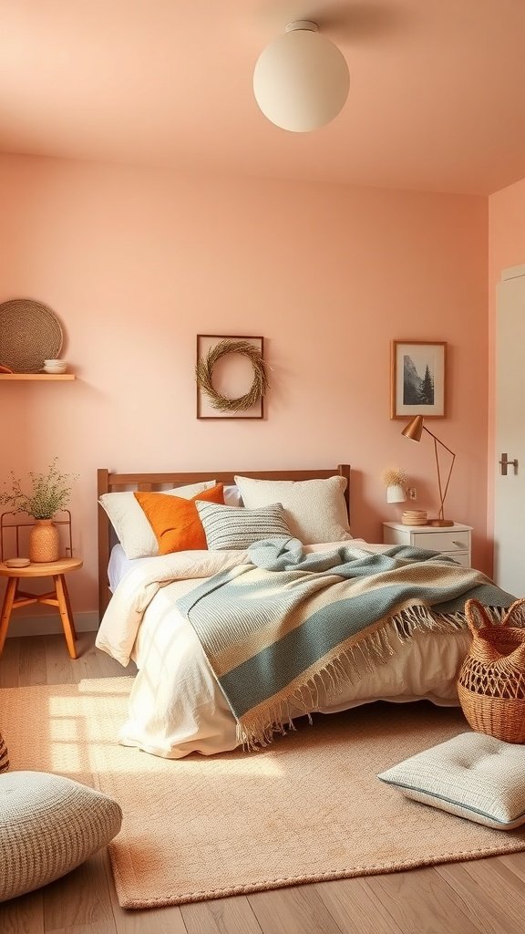 A cozy bedroom painted in soft peach, featuring a bed with neutral bedding and colorful pillows, a woven rug, and warm wooden accents.