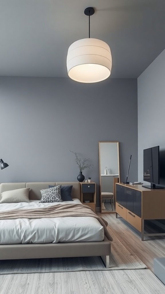 A modern bedroom featuring cool gray walls, a stylish pendant light, and a cozy bed with neutral bedding.