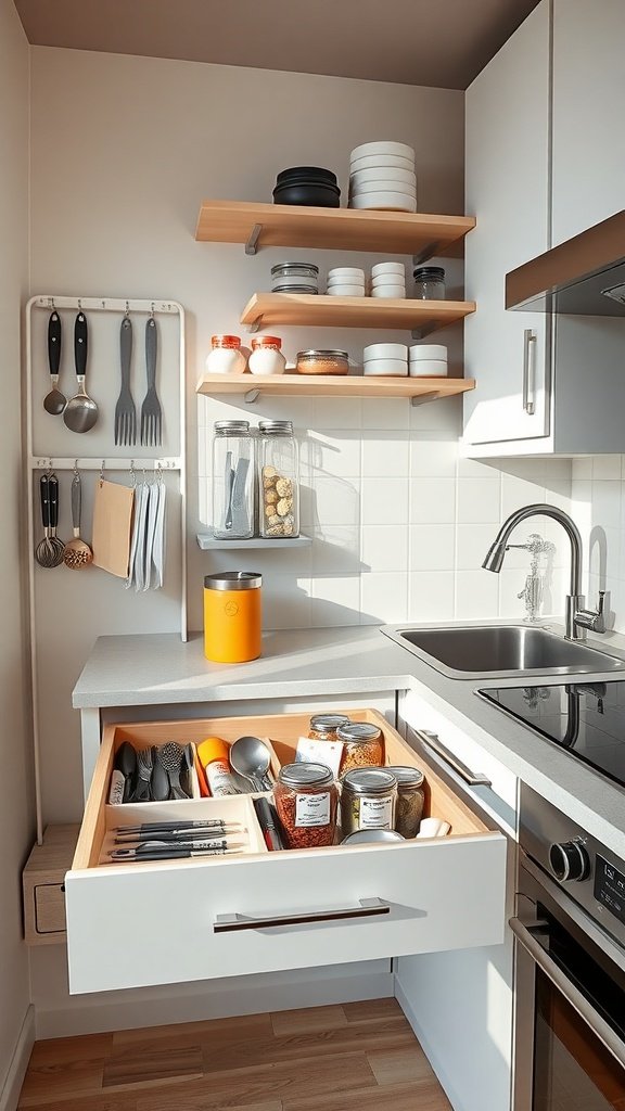 Organized kitchen drawer with utensils and jars of spices