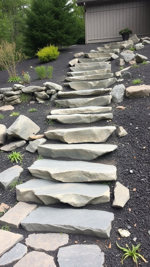 Stone steps leading up a sloped yard with greenery and dark mulch