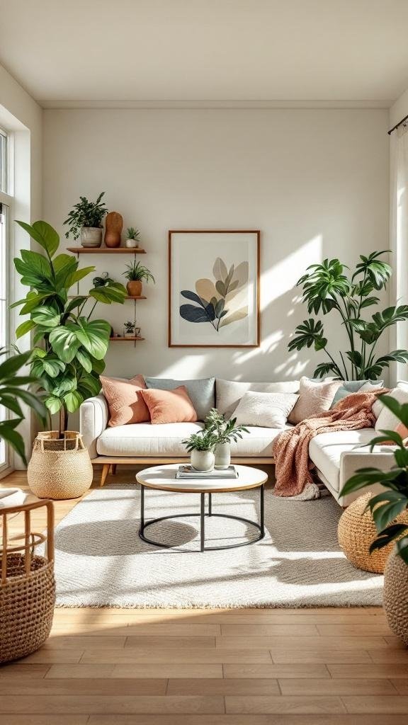 A bright living room featuring a white sofa, indoor plants, and warm decor.
