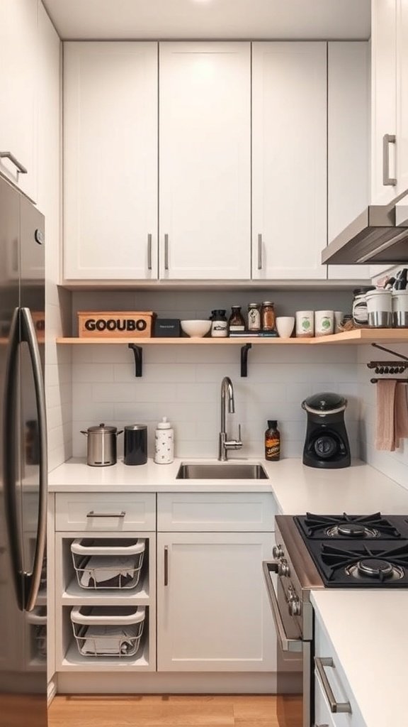 A small, organized kitchen featuring hidden storage solutions.