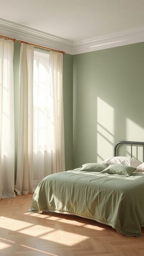 A bedroom with soft sage green walls, a bed with green bedding, and sheer curtains letting in natural light.
