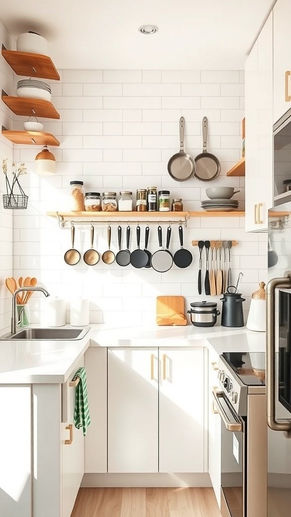 A small, organized kitchen with vertical storage solutions including shelves and hanging pots.