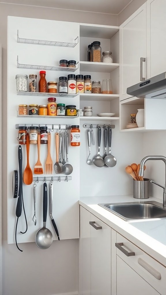 Organized kitchen cabinet door with spices and utensils