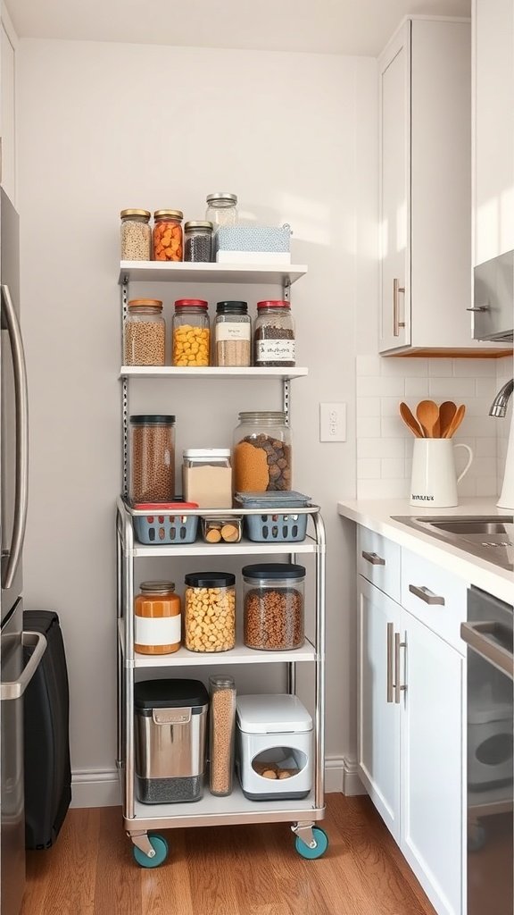 A rolling pantry cart filled with jars and containers, organized for easy access in a small kitchen.