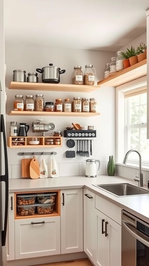 A well-organized kitchen corner with shelves, jars, and a small herb garden.