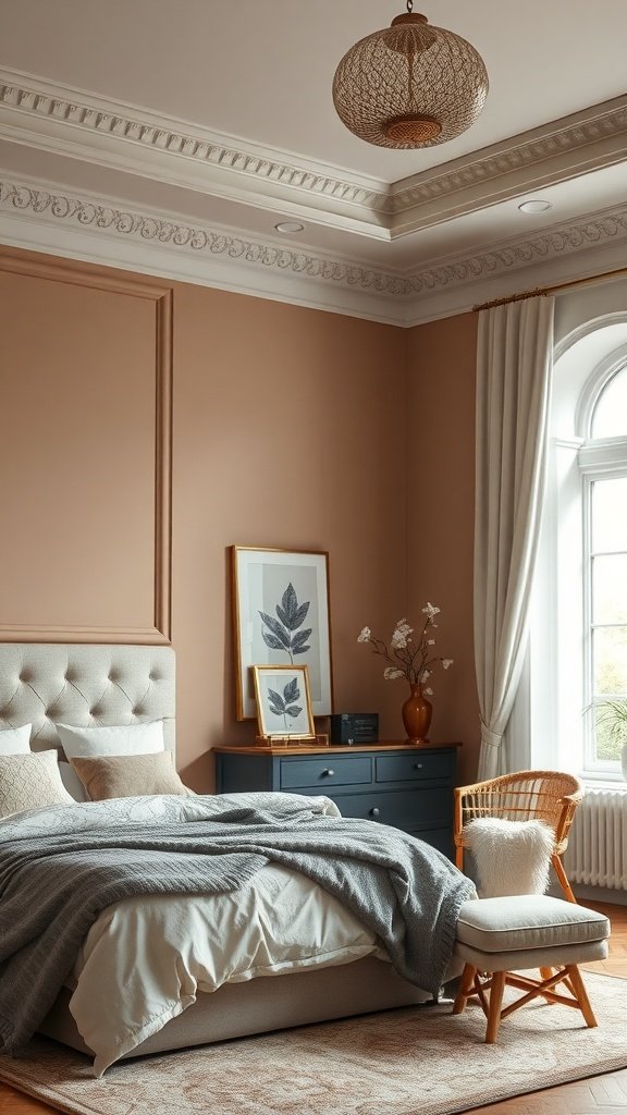 A cozy bedroom featuring warm taupe walls, a plush bed, and natural decor elements.