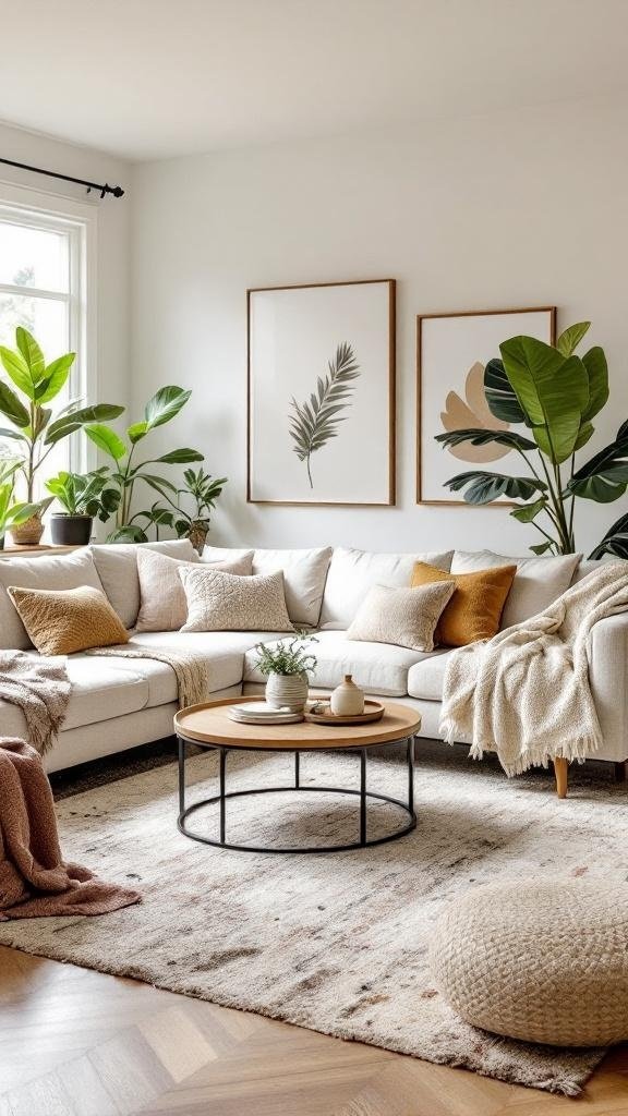 A cozy living room with a sectional sofa, layered with various throws and pillows, showcasing a warm and inviting atmosphere.