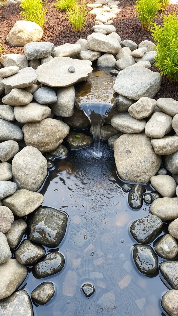 A serene water feature with a small waterfall surrounded by river rocks and greenery.