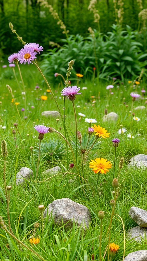 A vibrant wildflower meadow with purple and yellow flowers, accented by scattered river rocks.