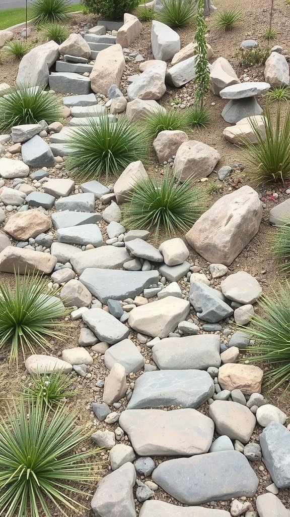 A low-water garden design featuring a pathway of river rocks surrounded by drought-resistant plants.