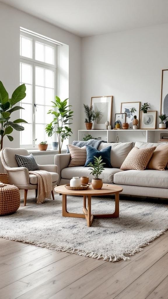 A modern living room featuring a light sofa, vintage coffee table, and plants.