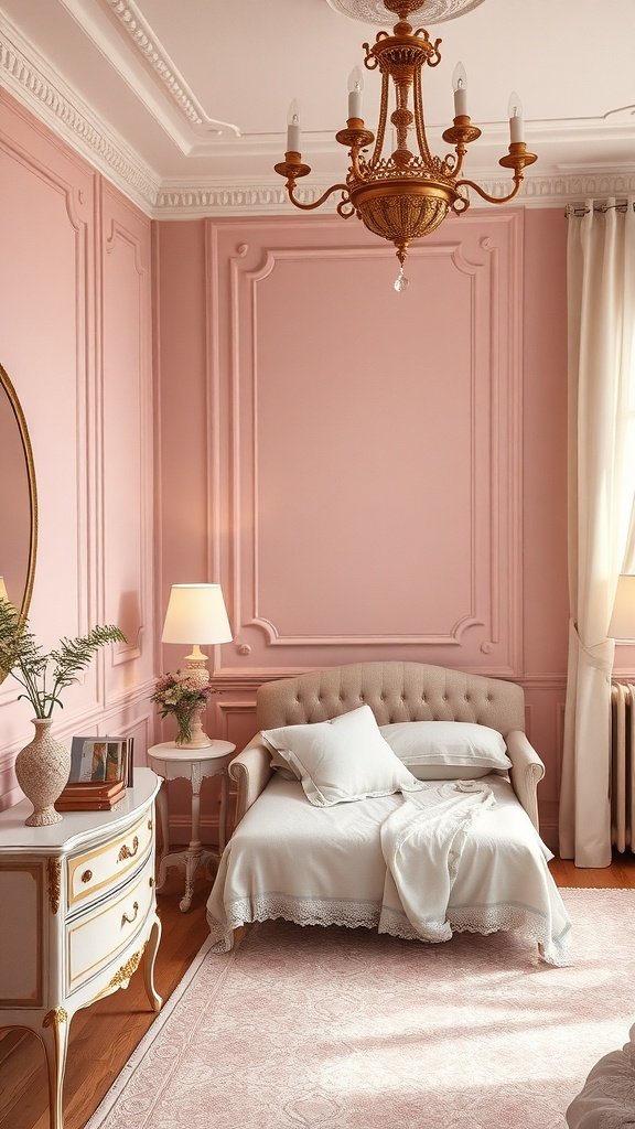 A cozy bedroom with dusty rose walls, elegant chandelier, and soft furnishings.