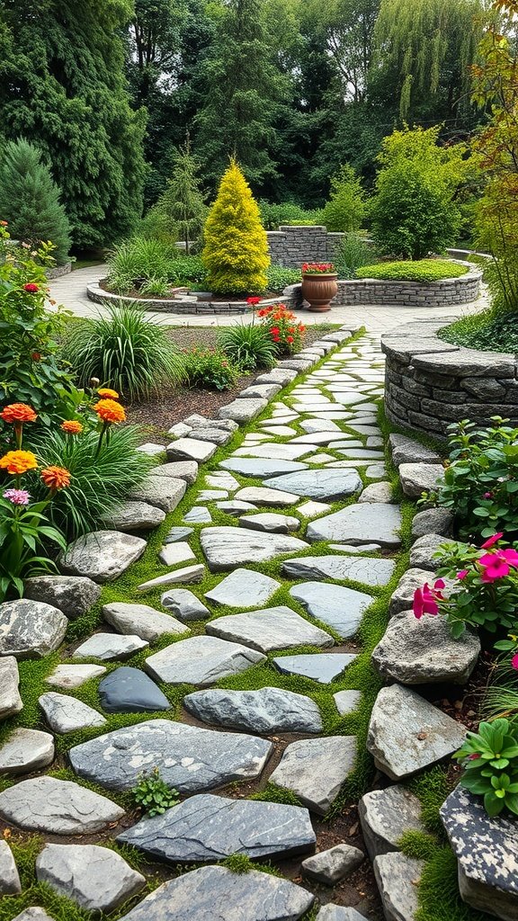 A natural stone pathway winding through a lush garden, surrounded by colorful flowers and greenery.