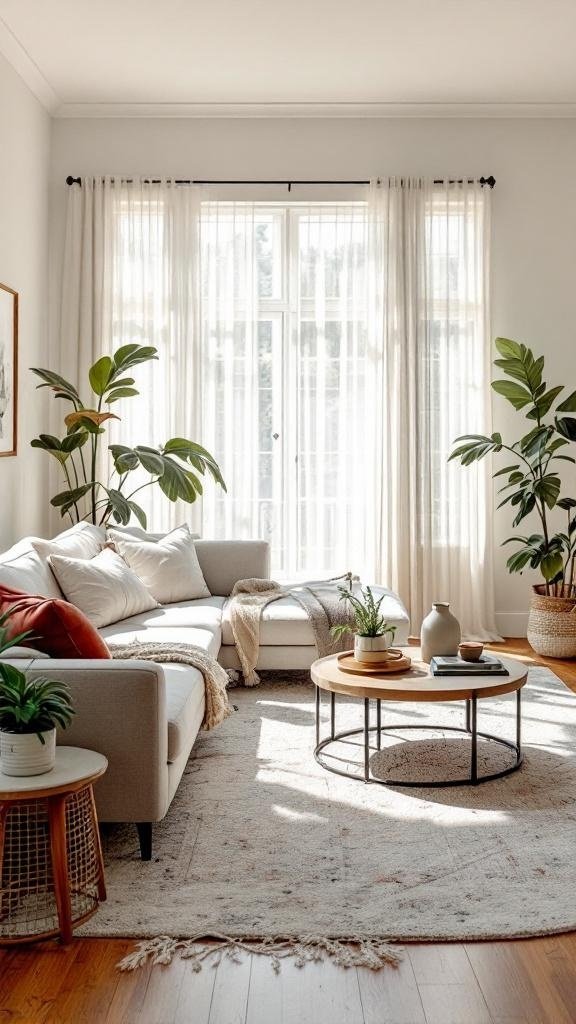 A bright living room featuring a light gray sofa, a round coffee table, and sheer curtains allowing natural light to fill the space.