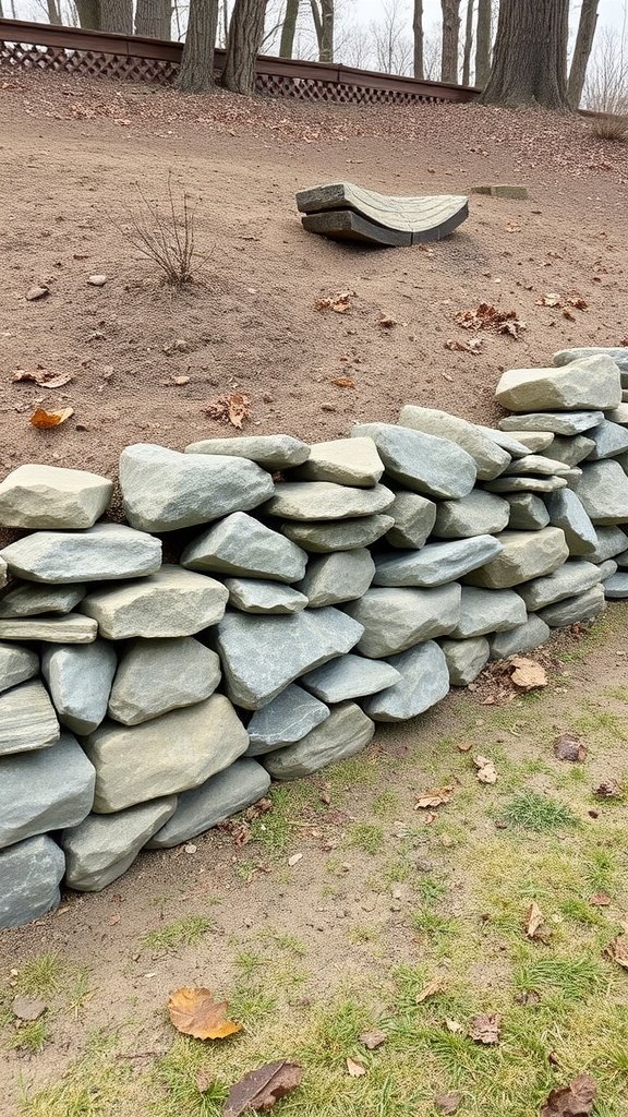 A river rock retaining wall supporting a sloped area with trees in the background.