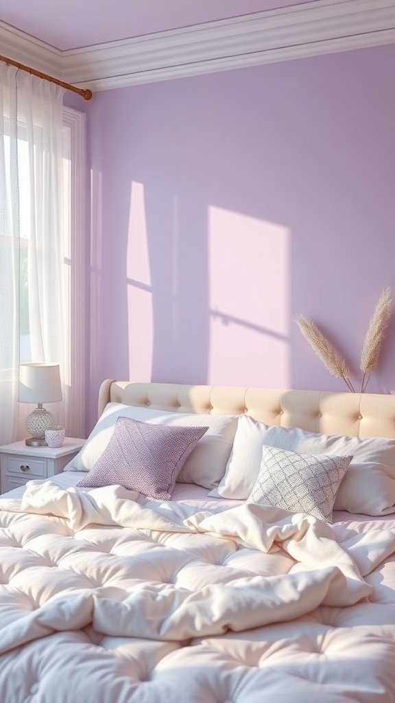 A calming bedroom painted in gentle lavender with soft bedding and natural light.