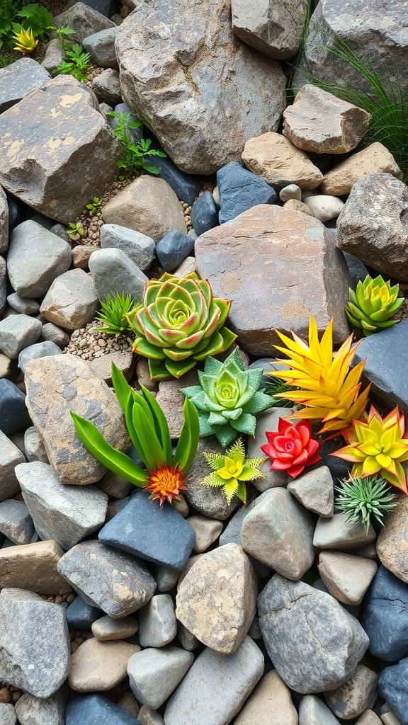 A rock garden featuring various succulents among river rocks.
