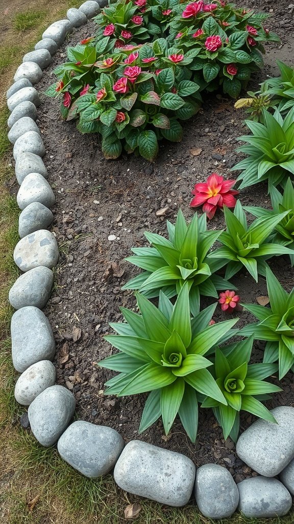 A garden bed edged with rounded river stones, featuring colorful flowers and green plants.