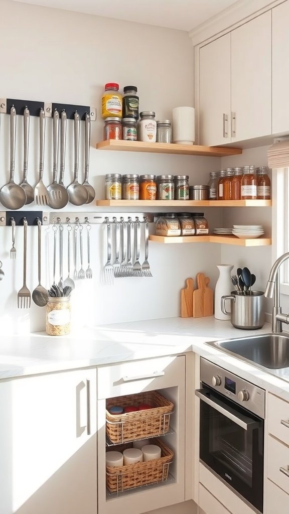 A small kitchen with magnetic strips holding utensils and open shelves displaying jars and spices.