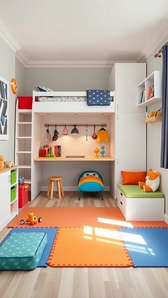 A colorful and organized boys' bedroom featuring a lofted bed, play mats, and a cozy reading nook.