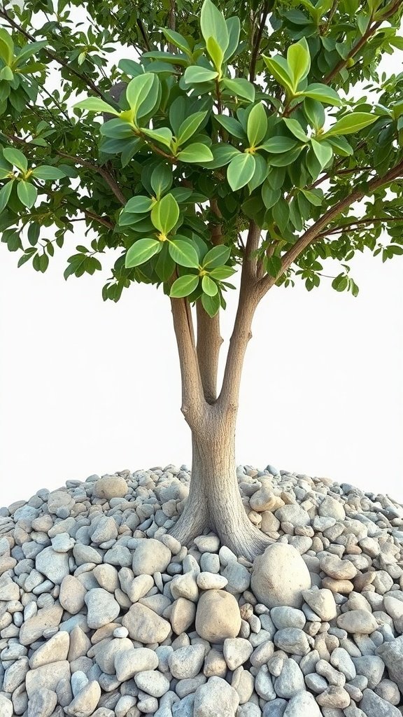 A tree surrounded by smooth river rocks, showcasing a low-maintenance landscaping idea.