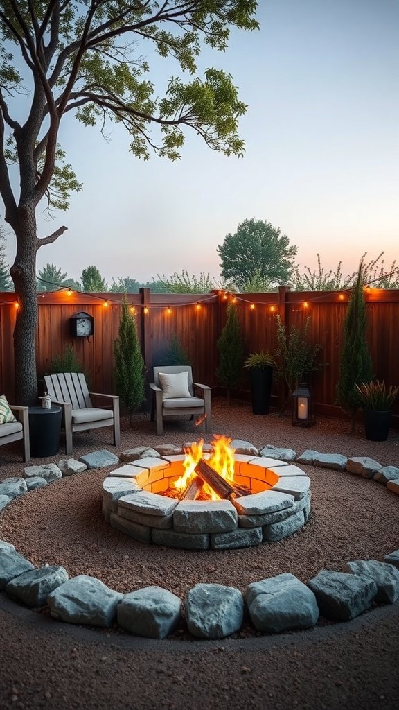 A cozy fire pit surrounded by river stones, with chairs and greenery in the background.