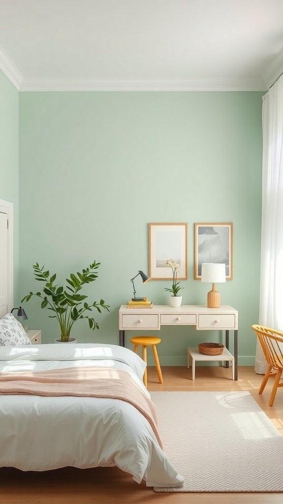 A calming bedroom with mint green walls, featuring a cozy bed, a desk, and plants.