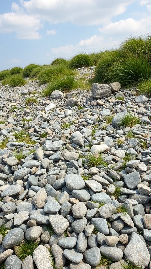 A landscape featuring smooth river rocks interspersed with green grass under a blue sky.