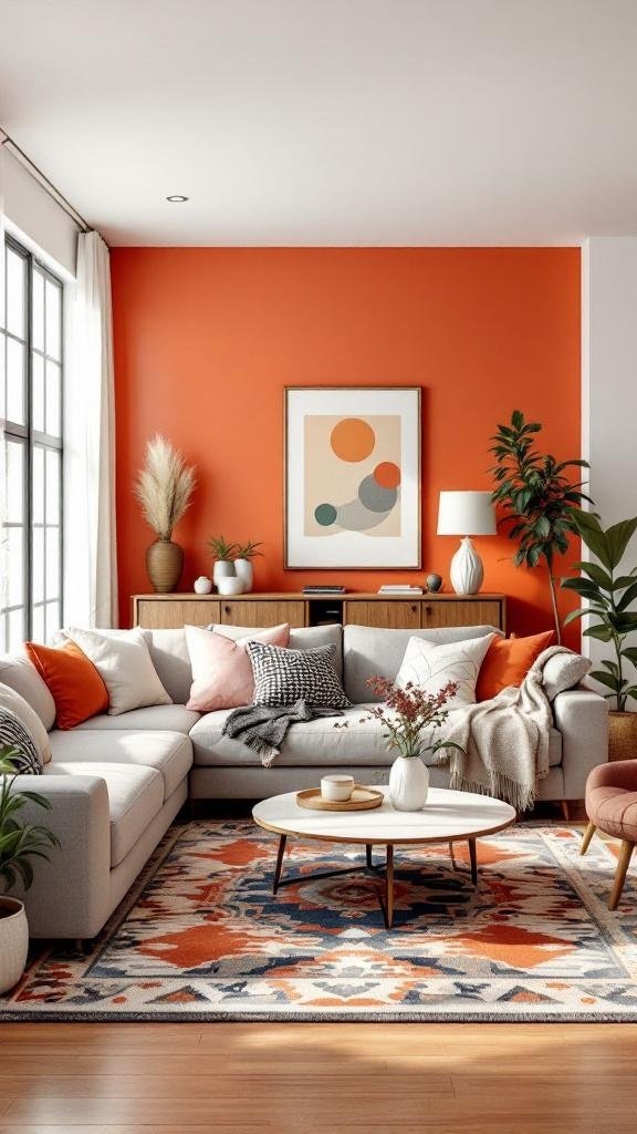 Living room with a bold orange accent wall, gray sofa, and colorful decor.