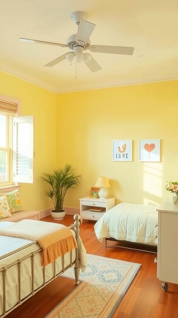 A bright bedroom painted in pale yellow with wooden floors and white furniture.