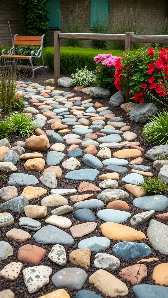 A decorative river rock pathway surrounded by colorful flowers and greenery.