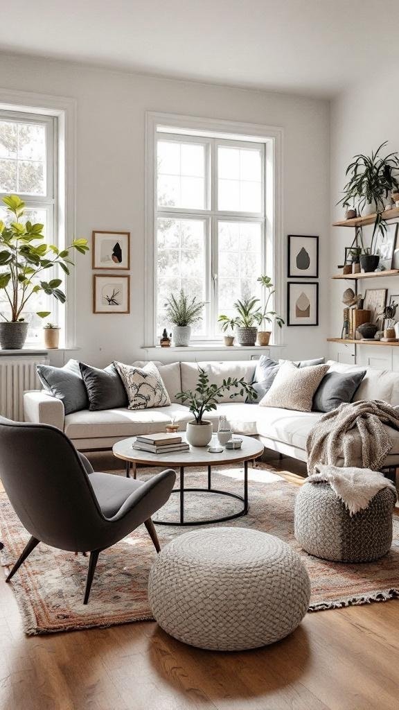 A cozy living room featuring a sectional sofa, round coffee table, accent chair, and decorative plants.