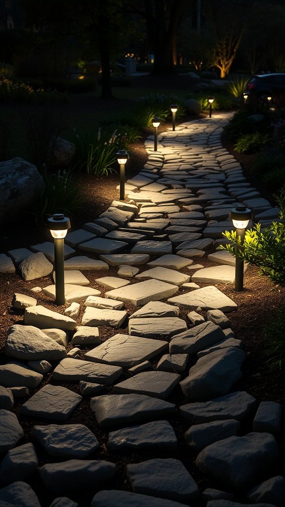 A beautifully lit pathway made of river rocks, lined with soft glowing lights, creating an inviting atmosphere.