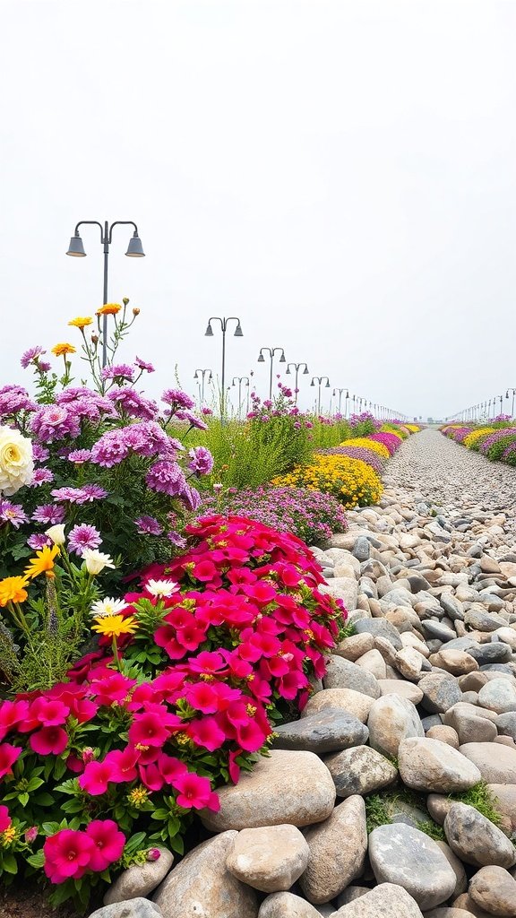 Colorful flower bed bordered by smooth river rocks