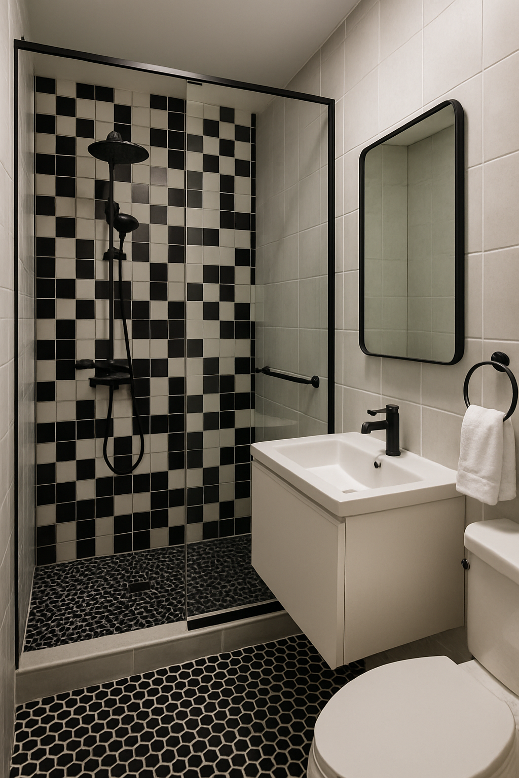 A modern walk-in shower with black and white monochrome tiles, featuring a sleek design and minimalist fixtures.