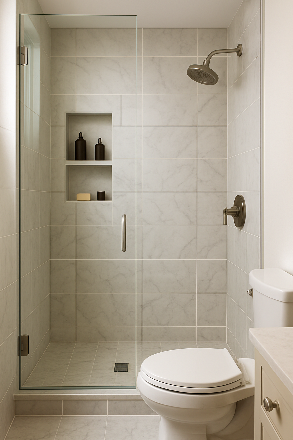 A modern walk-in shower featuring built-in shelving for storage, with neutral tiles and a glass enclosure.