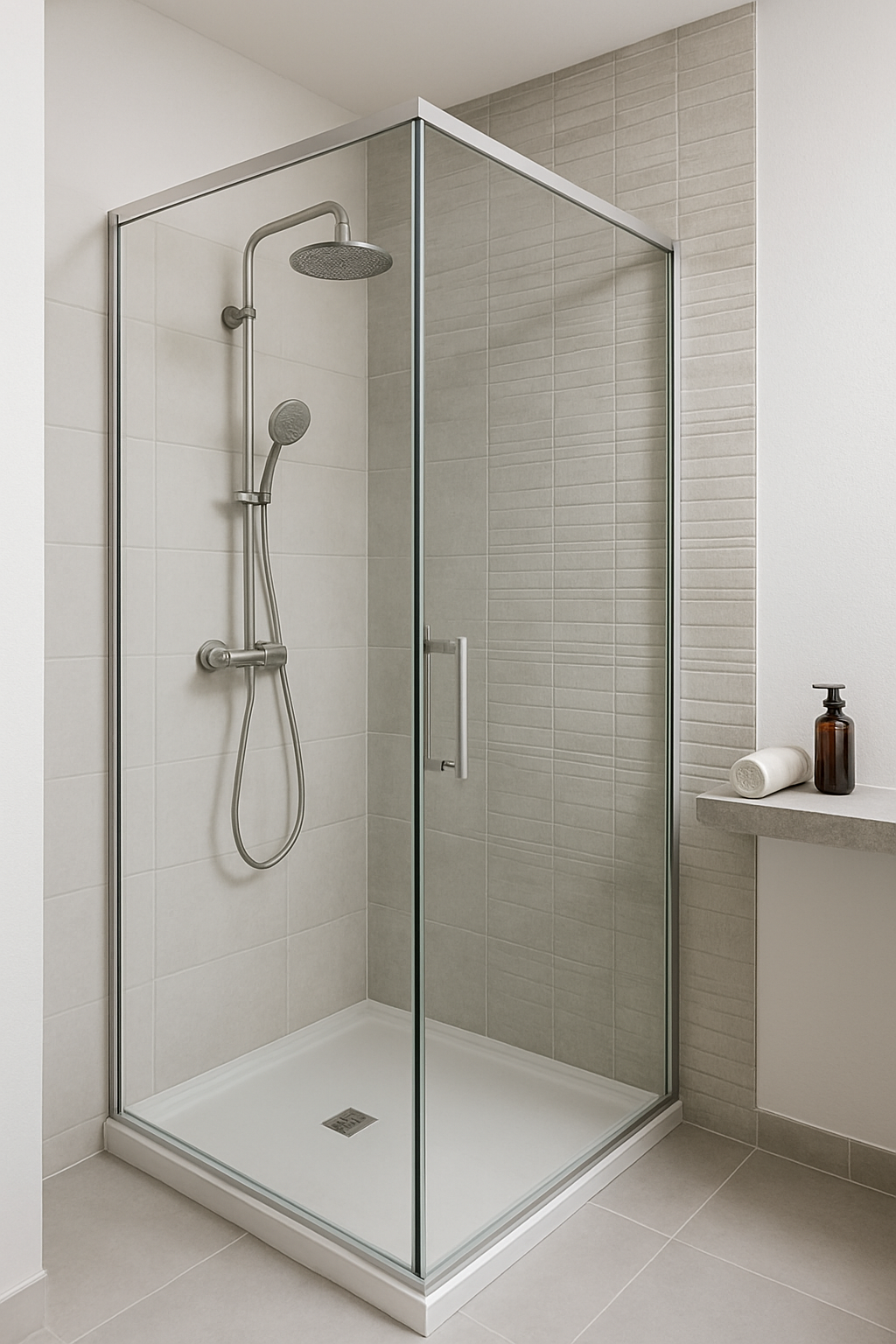 A modern corner walk-in shower with glass walls and a sleek design.
