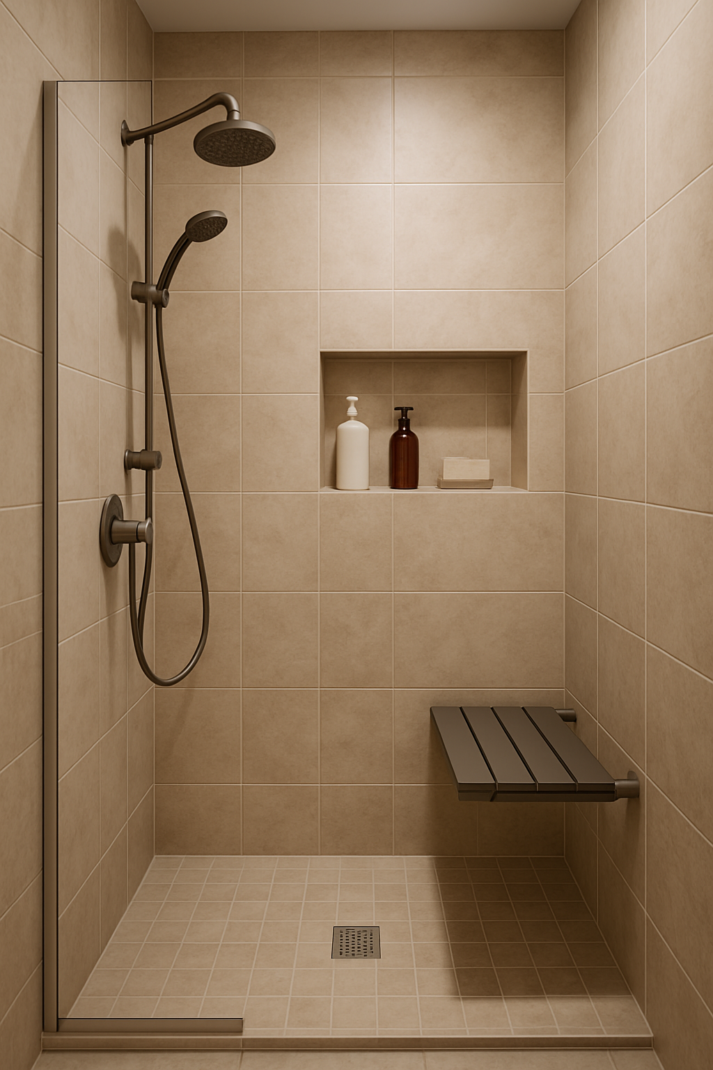A modern shower with a built-in niche for storage, featuring neutral tiles and a sleek design.