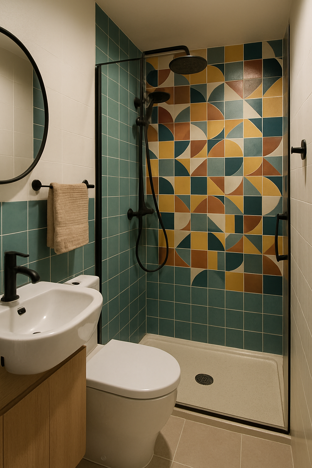 Compact L-shaped shower design featuring colorful tiles and modern fixtures in a small bathroom.