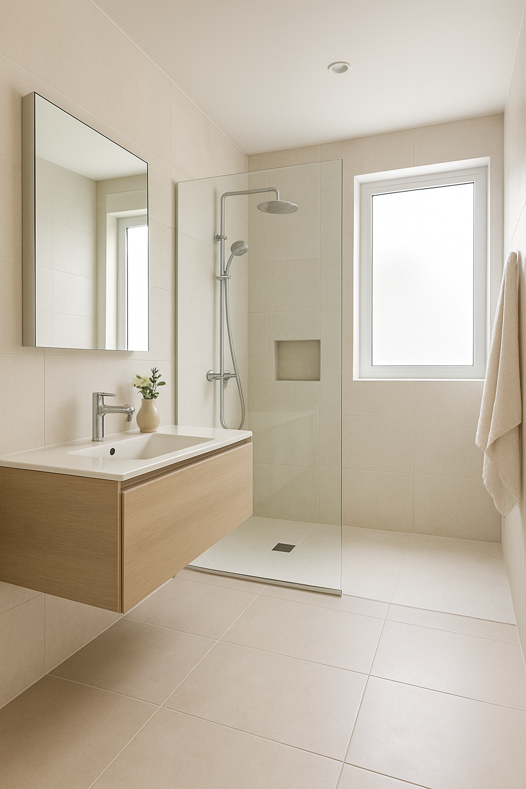 Modern bathroom featuring a floating vanity and a walk-in shower with glass enclosure.