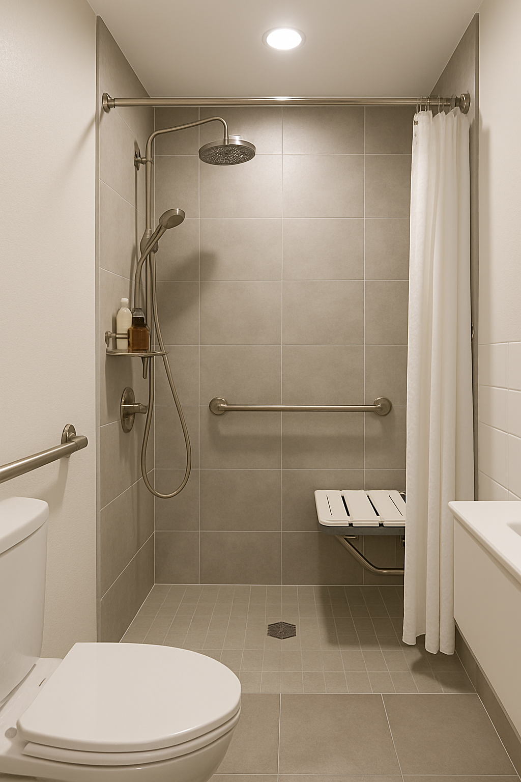 Curbless walk-in shower featuring grab bars, a foldable bench, and neutral tiles.